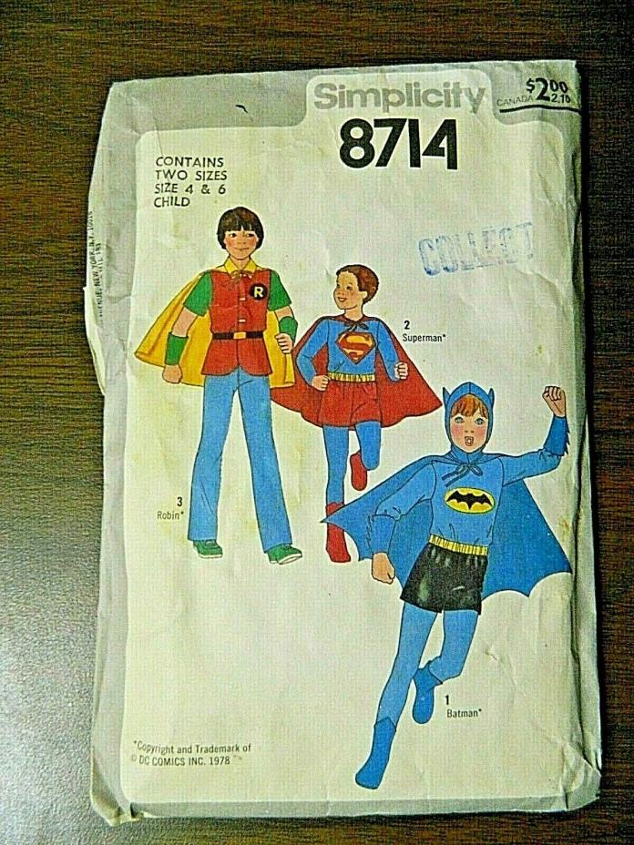 VTG 1978 Batman Robin Superman Costume Sewing Pattern Simplicity 8714 Sz 7- 8