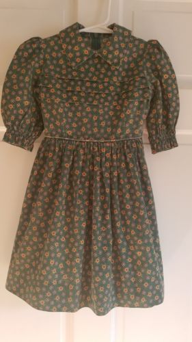 Girls Vintage Green Dress Handmade sz 3/4 sunflower pattern.