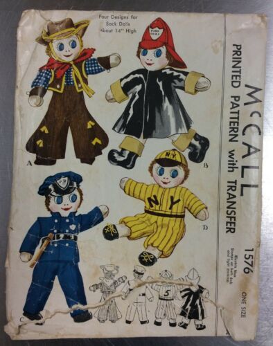 Vintage McCalls Pattern 1576 Sock Dolls, Cowboy, Baseball Player, Police, Fire