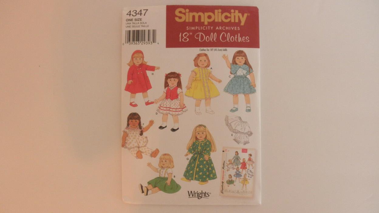 New Simplicity Archives 18'' Doll Clothes Pattern 4347 One Size Uncut