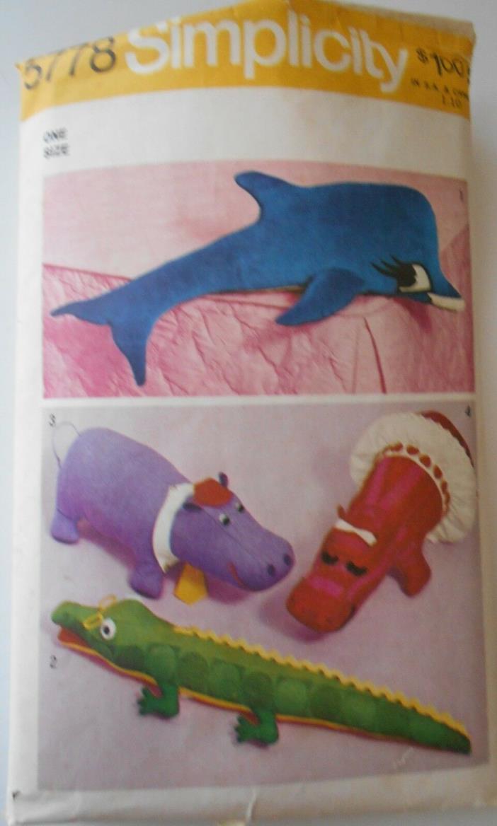 UNCUT Vintage Simplicity Pattern #5778 Stuffed Toy Animals Dolphin Hippo & Gator