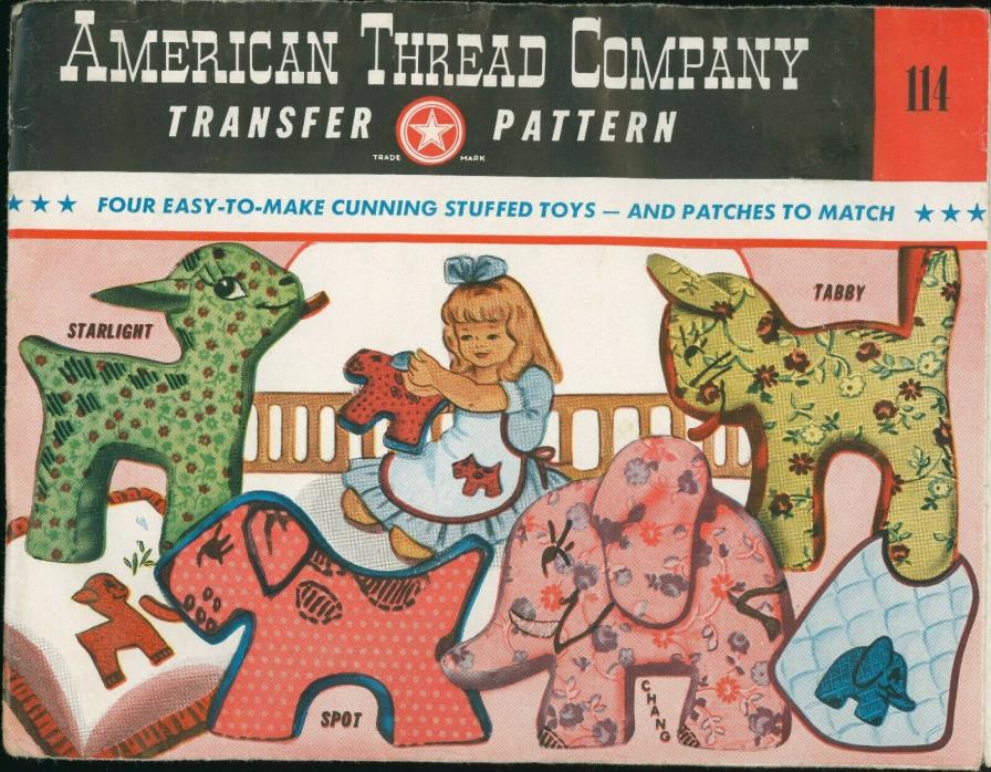 American Thread Co transfer pattern stuffed toys dog cat goat rare old uncut EUC