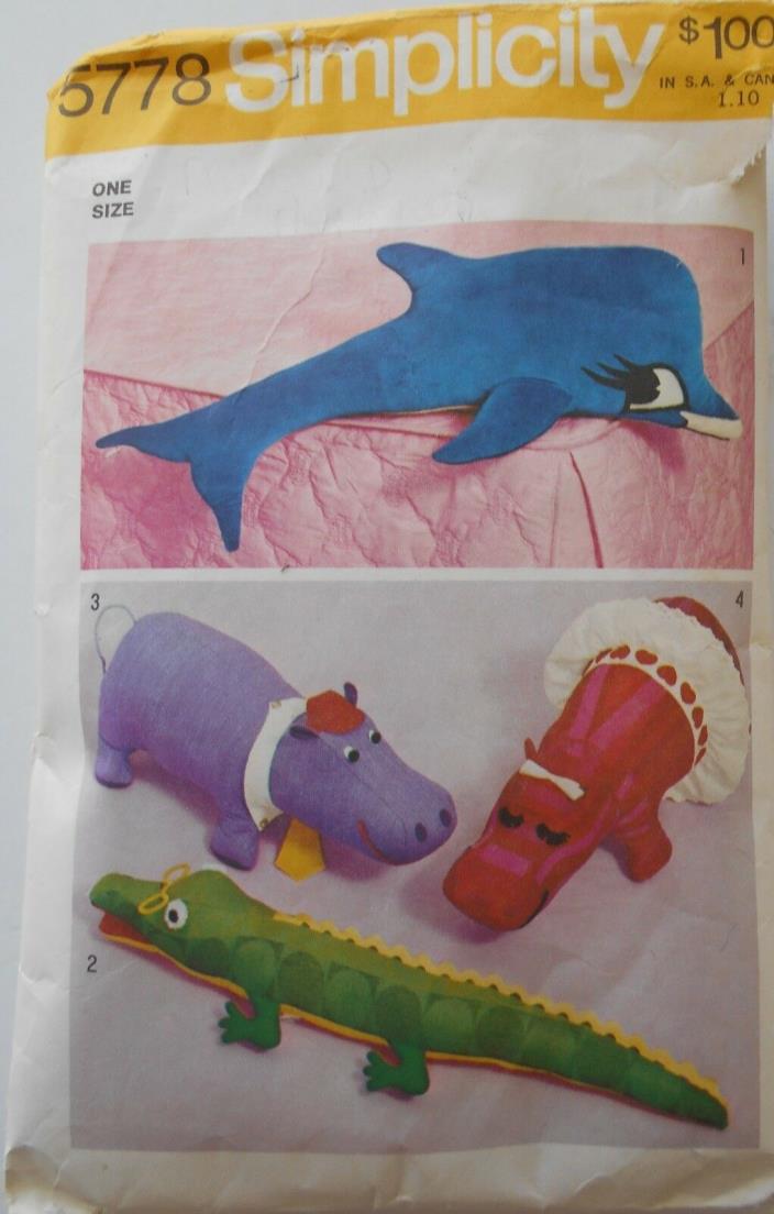 UNCUT Simplicity Pattern #5778 Stuffed Animals Dolphin Hippo Gator- Small tears