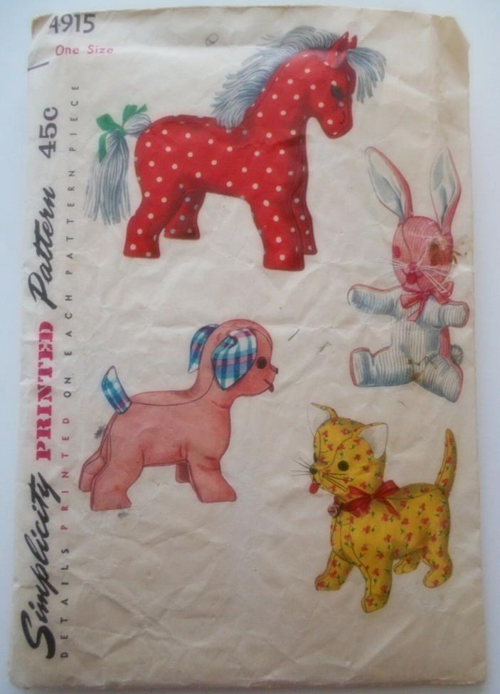 Vintage Simplicity Sewing Pattern #4915 Cute Stuffed Toys Pony, Dog Rabbit & Cat