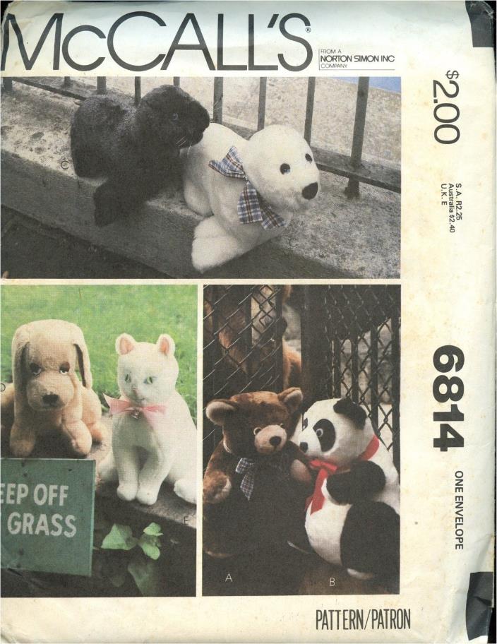 McCall's 6814 Set of Stuffed Animals Pattern Bear Panda Seal Dog Cat Uncut
