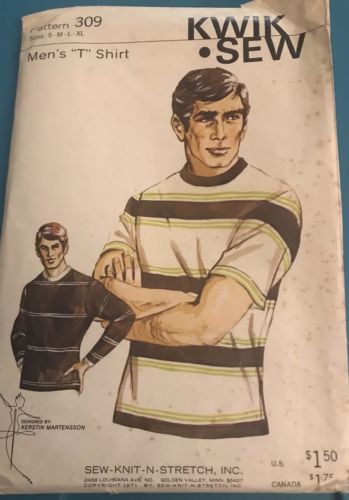 Kwik Sew Vintage 1971 Mens T Shirt Sewing Pattern Sizes Small - XL Pattern 309