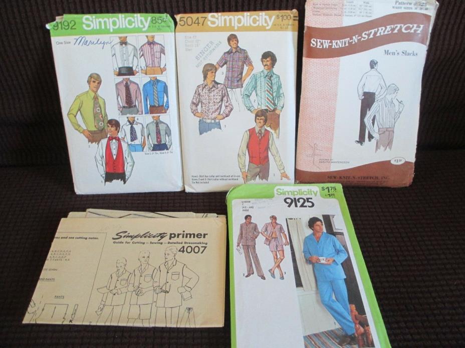 Vintage 4+ Lot 70s Men's Sewing Patterns Ties Pajamas Shirts Pants/Slacks