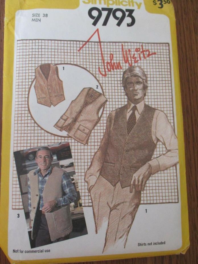 Vintage Simplicity Designer John Weitz Men's Set of Vests Uncut Pattern-Size 38