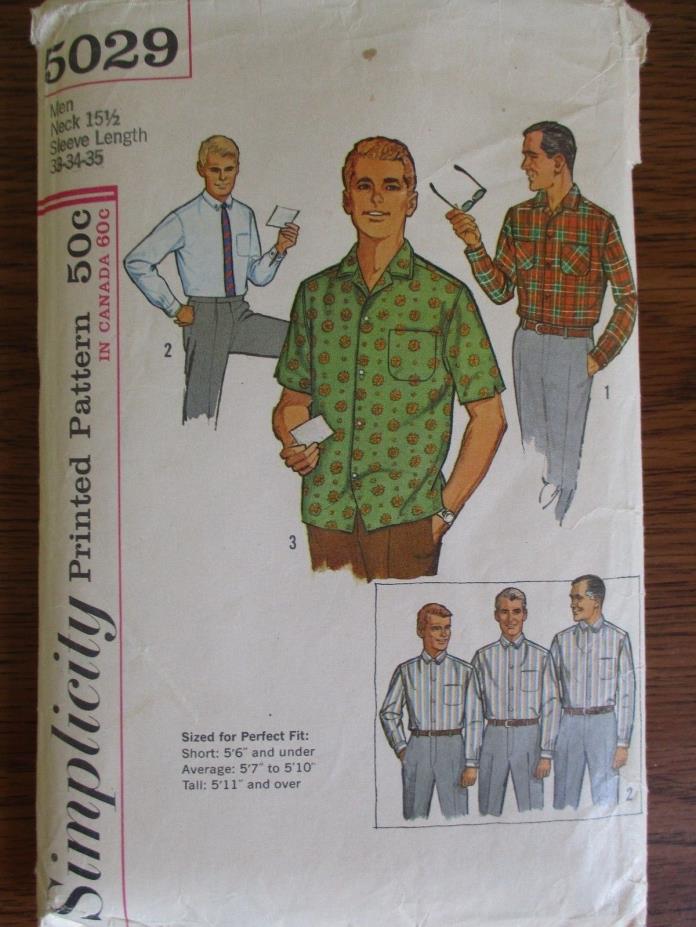 Vintage 1970's Simplicity CUT Men's Shirt Pattern-Neck 15 1/2