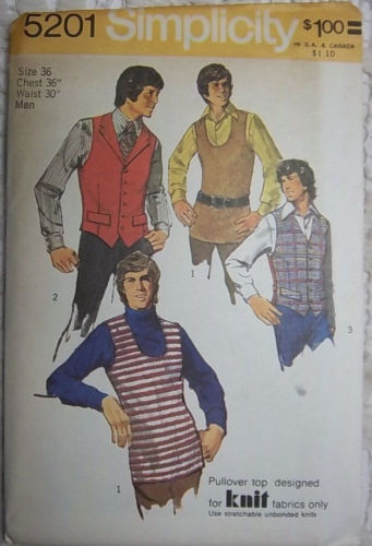 Mens Vest & Pullover Tank Top #5201 Size 36 Simplicity Pattern Un-Cut 1972