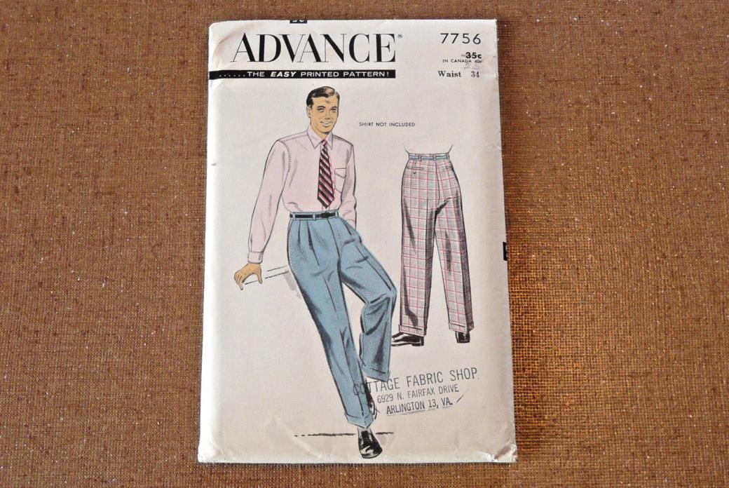 1940s 50s *Advance* Slacks Pants Trousers Sewing Pattern Mens Waist Sz 34 Uncut
