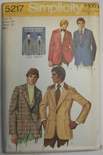 Mens Jackets #5217 Size 40 Simplicity Pattern Un-Cut 1972