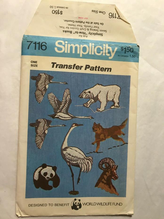 Simplicity Transfer Pattern 7116 Vintage Endangered Species Animals Unused 1975