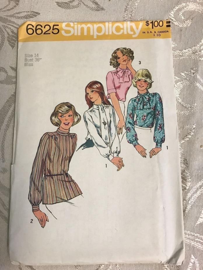 Vintage 70s SIMPLICITY Pattern 6625 Size 14 Bust 38 Misses Blouse & Scarf Shirt