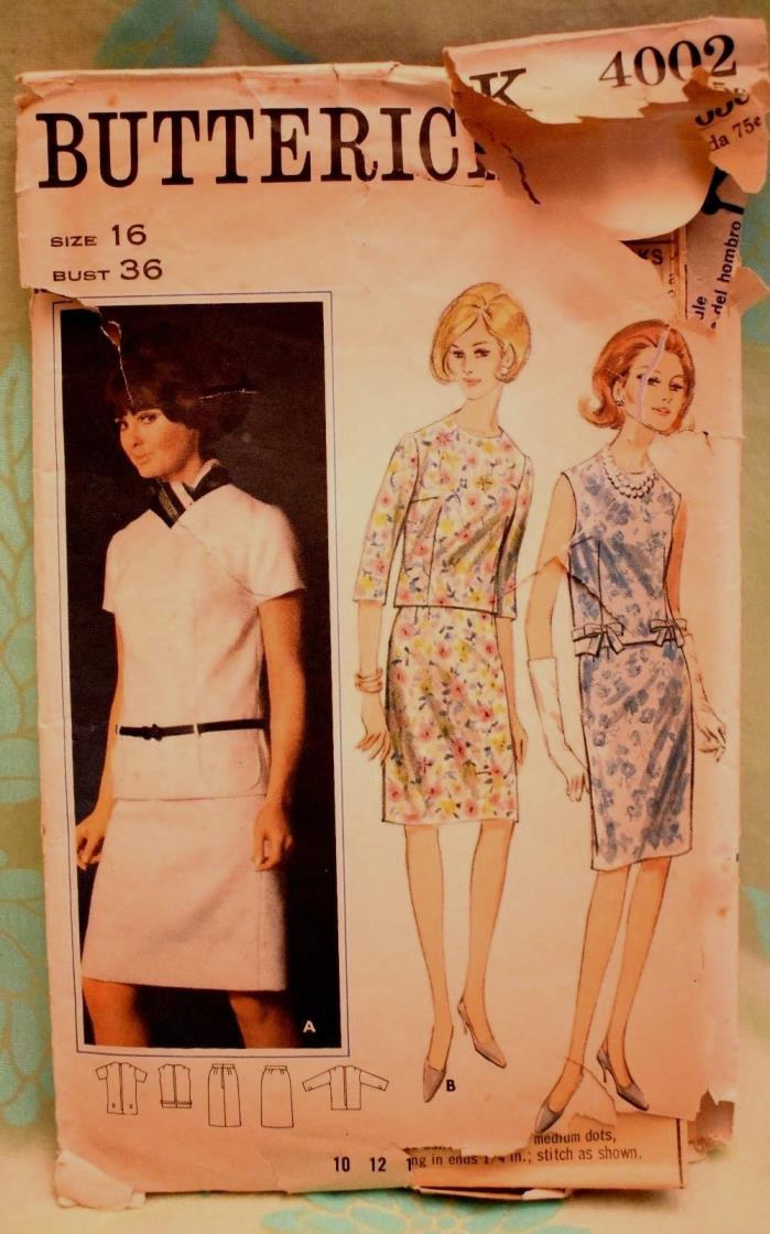 Skirt Blouse Sewing Pattern Butterick 4002 womens Size 16 Bust 36 Cut 60's-70's