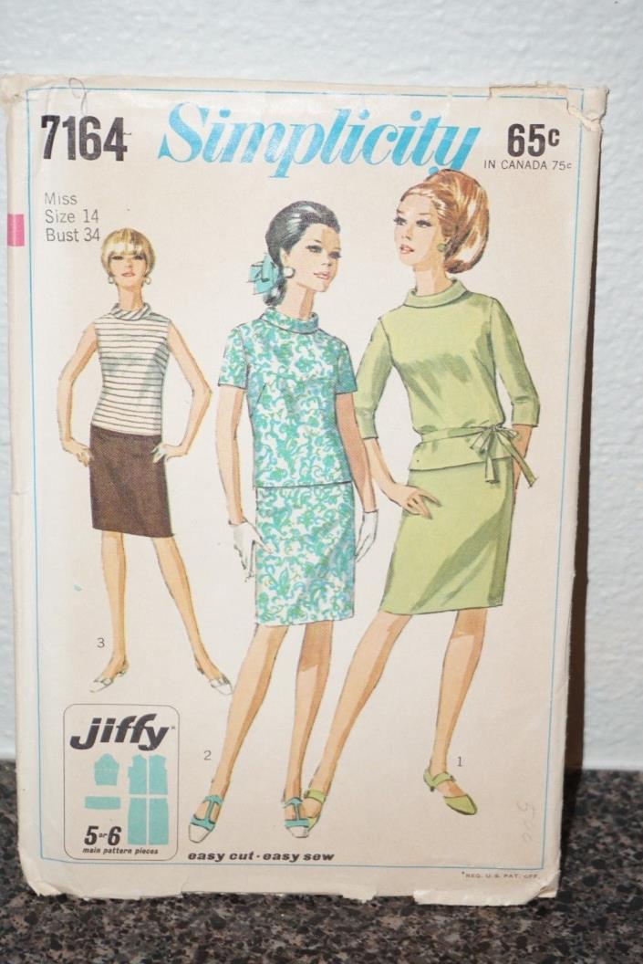 Simplicity 7164 Two Piece Dress Size 14 Bust 34 VINTAGE Pattern Uncut JIFFY