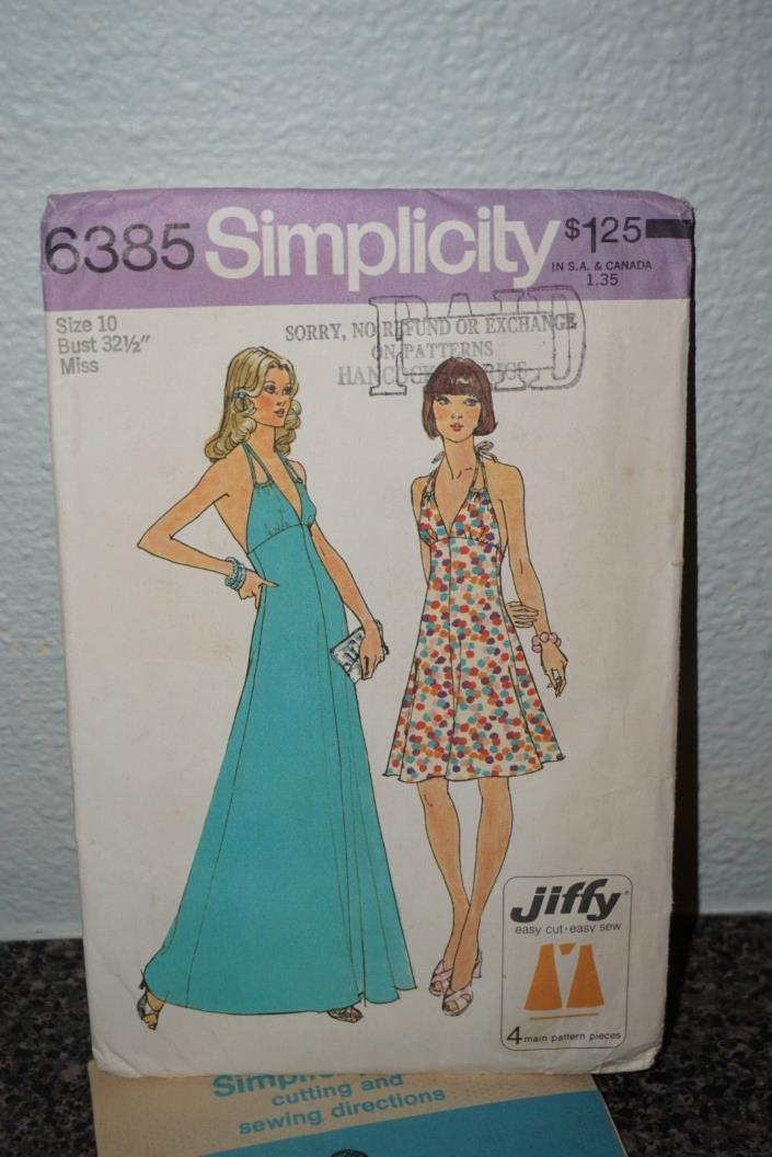 VINTAGE SIMPLICITY PATTERN 6385, SIMPLE TO SEW HALTER DRESS IN TWO LENGTHS SZ 10