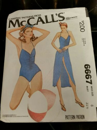 Swimsuit Pattern Sz 8 McCalls 6667 Cut/Complete Vtg 1979 1-Piece/skirt 31.5 Bust