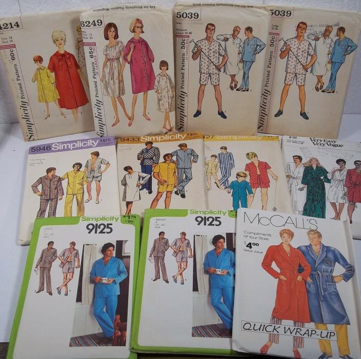 11 vtg SEWING PATTERNS all sleepwear robes pajamas MENS WOMENS 1950's 60's 70's