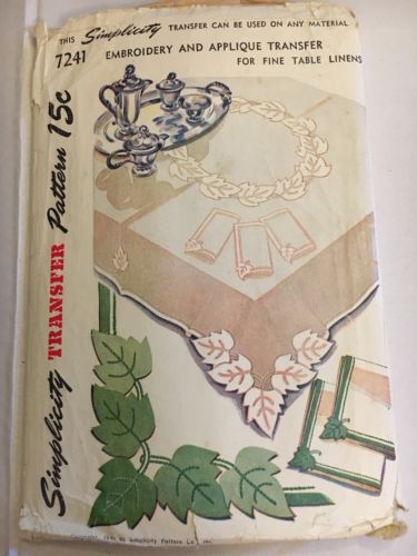 Vtg 1946 Simplicity 7241 Embroidery & Applique Transfers for Fine Table Linens