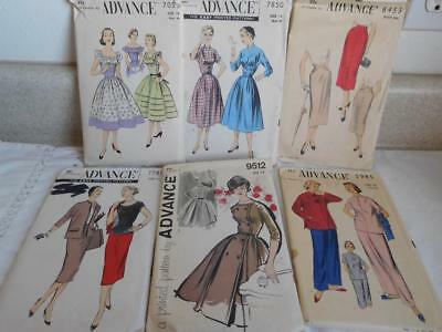 lot of 6 VINTAGE ADVANCE SEW PATTERNS clothing 1950's 40s #7055, 6453, 7850 9512