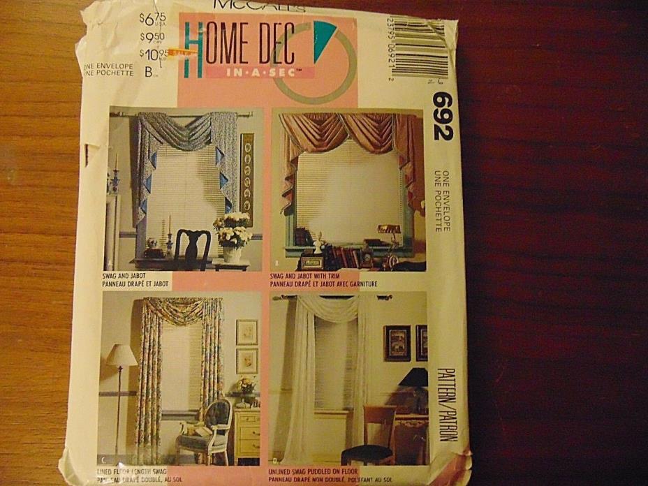 UNCUT McCall's Sewing Pattern ~ Curtain Drapes SWAG & JABOT ~ Home Dec in a Sec