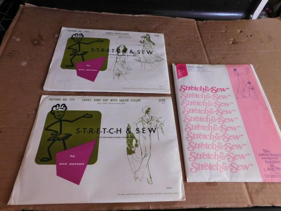 LOT OF 3 VINTAGE STRETCH & SEW PATTERNS NIGHTGOWNS,PARTY DRESS, JUMP SUIT SAILOR