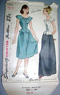 1940's 2-PIECE DAYTIME EVENING DRESS Simplicity Pattern #2392 Size 16 Uncut Nice