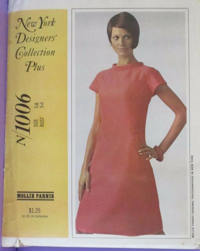 MCCALL'S PATTERN 1006 DRESS NEW YORK DESIGNERS' MOLLIE PARNIS SIZE 14 BUST 34