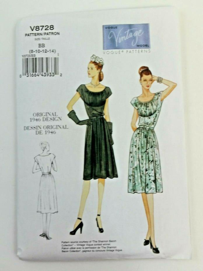 Vogue Vintage Model Misses' Dress and Belt V8728 BB 8 10 12 14 New Uncut 1946