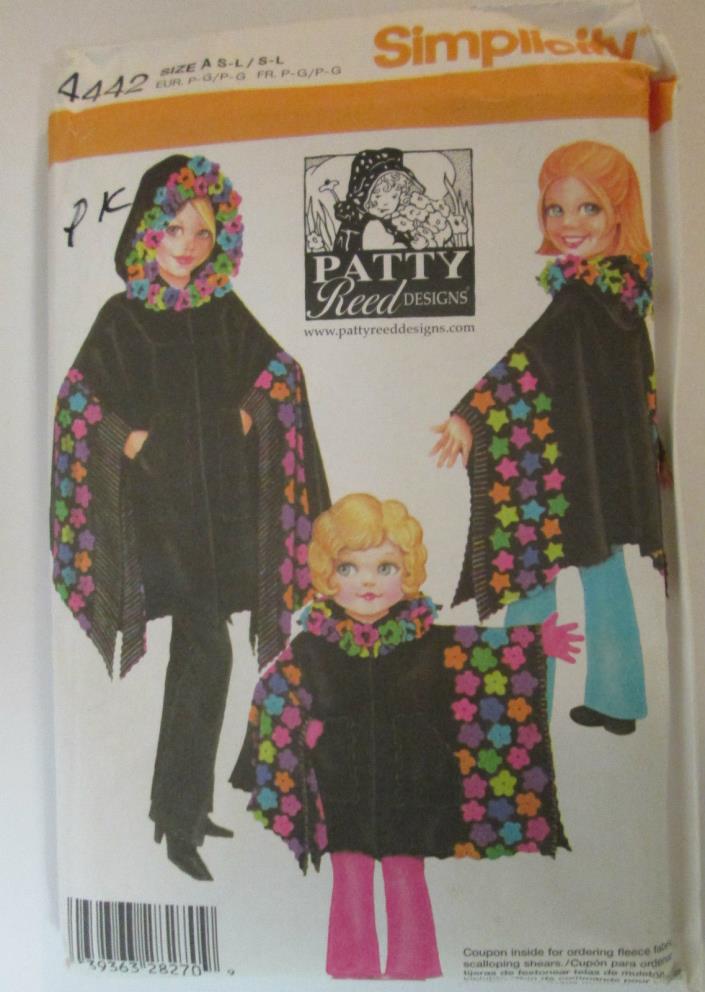 SIMPLICITY 4442 Girls/Misses SZ S-L Patty Reed FLEECE PONCHO Sewing Pattern OOP