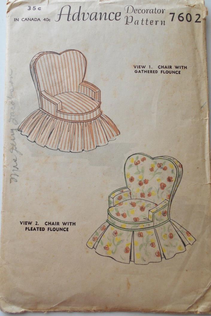 FF Vintage Advance Sewing Pattern #7602 Decorator Chair Covers Pleated& Flounced