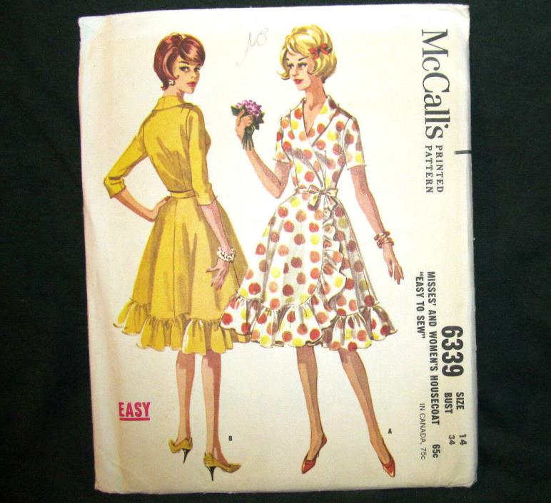 Vintage Sewing Pattern Womens Housecoat 1960s Ruffles Size 14 McCalls 6339