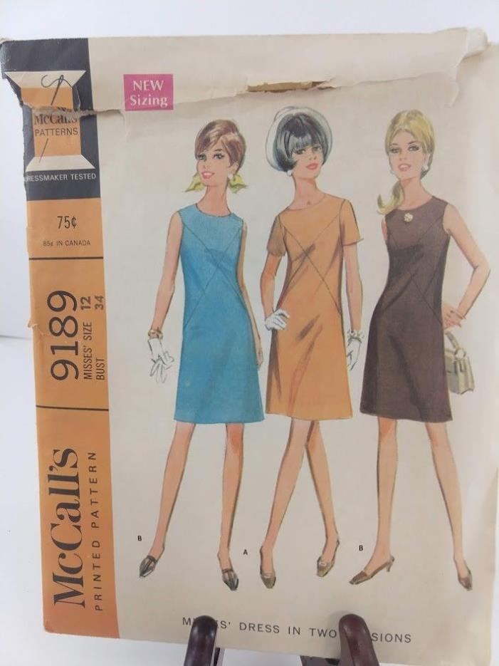 Vintage McCall's Sewing Pattern 9189 Misses Dress in 2 Versions SZ 12 Uncut 1968