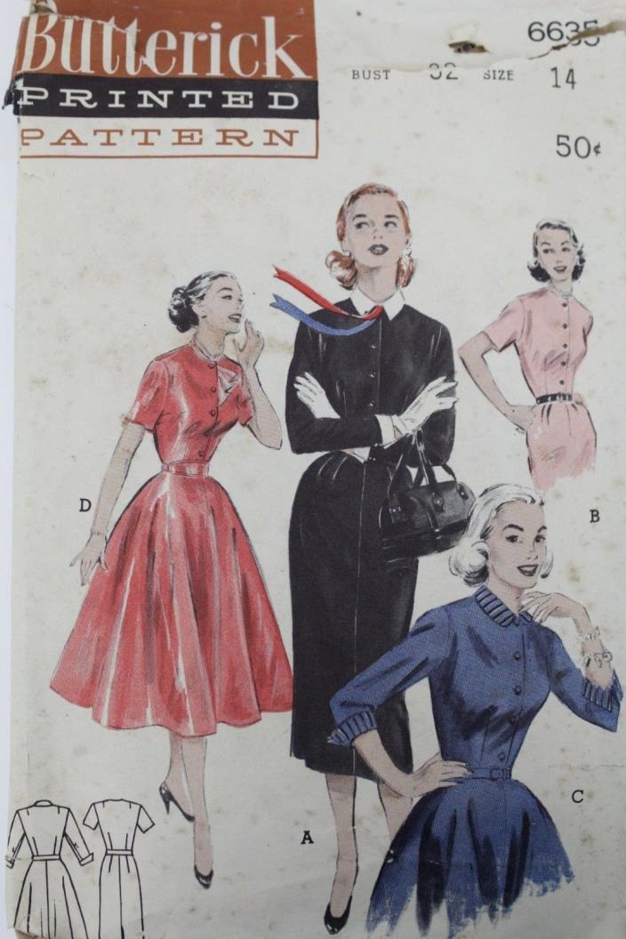 VTG Butterick #6635 Size 14 Bust 32 Dress New Look Pencil or Full Skirt 1940s