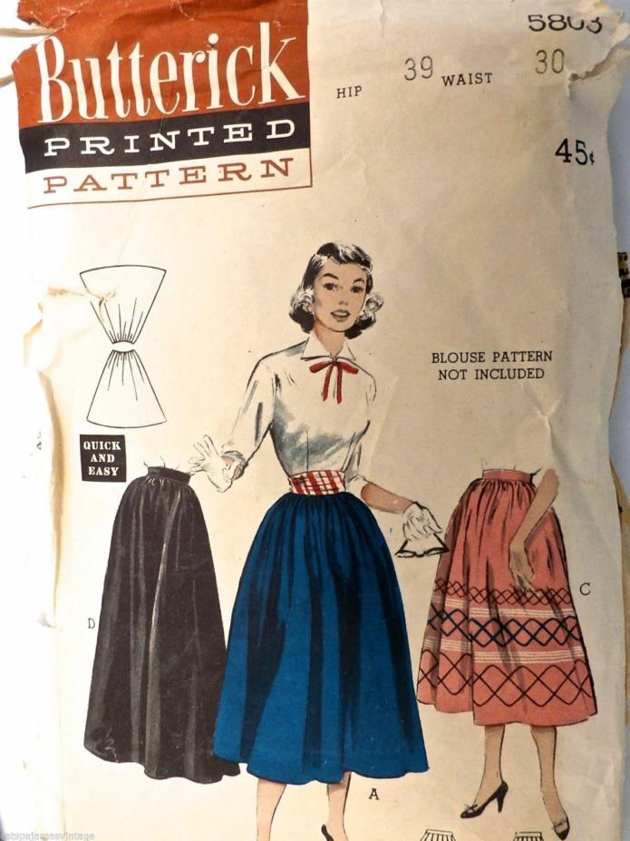 Vintage 1950s Sewing Pattern Butterick #5803  Dirndl Skirt Waist 30, Hip 39