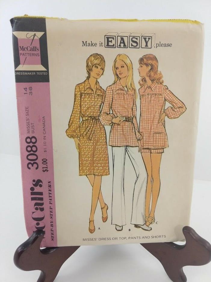 Vintage McCall's Sewing Pattern 3088 Miss Dress or Top, Pants, Short SZ 14 Uncut