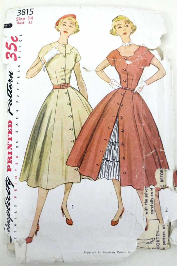 Vtg Sewing Pattern Simplicity #3815 Size 14 Bust 32 Dress 1940s 1949 