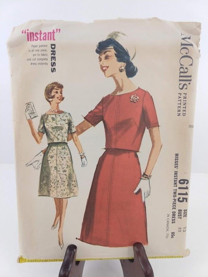 Vintage McCall's Sewing Pattern 6115 Misses Two Piece Dress Size 12 Uncut 1961