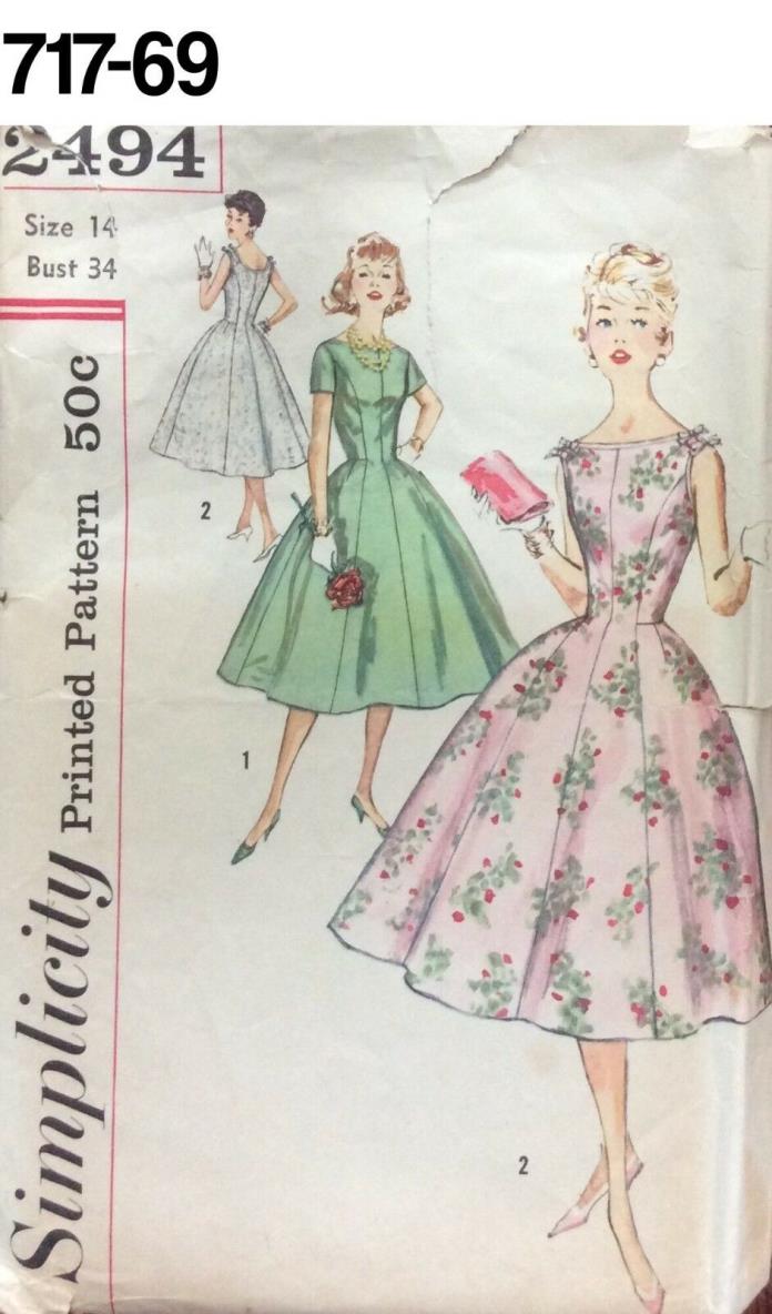 VTG Sewing Pattern Simplicity #2494 Size 14 Bust 34 Party Gown SunDress 1958