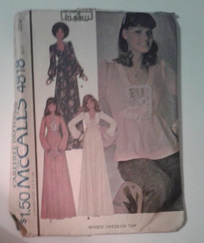 Pattern McCall's # 4818 Size 10 Dress Blouse Long Sleeves Pull-Over Tie Back