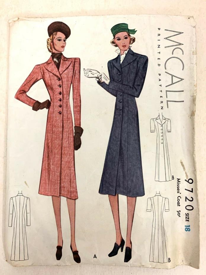 Sewing Pattern McCall #9720 Size 18 Misses Coat No Instructions 1930s 1938