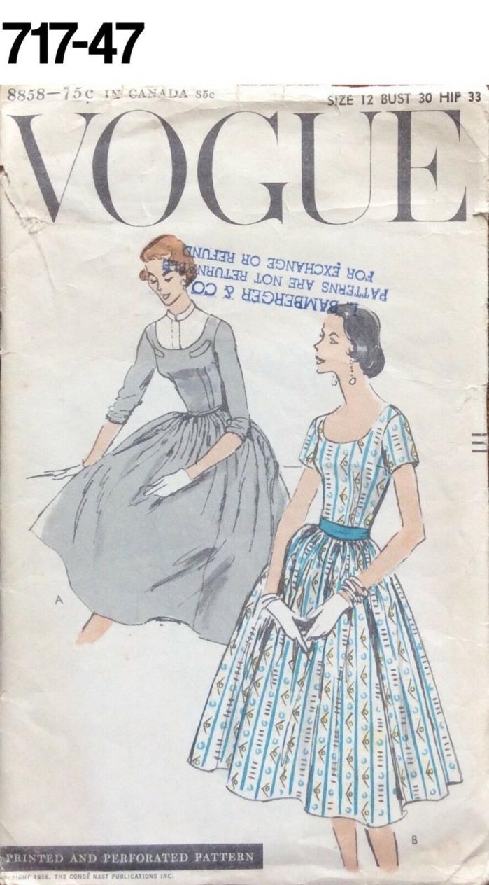VTG Sewing Pattern Vogue #8858 Size 12 Bust 30 Hip 33 Dress and Dickey 1956