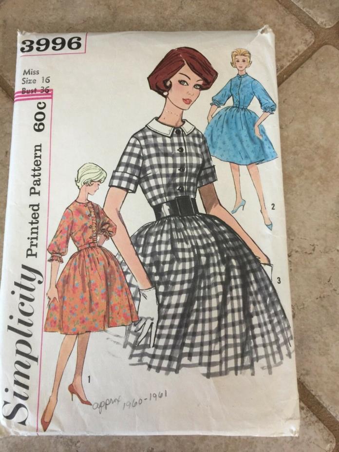 Vintage Simplicity Women's Pattern #3996 Size 16  One Piece Dress