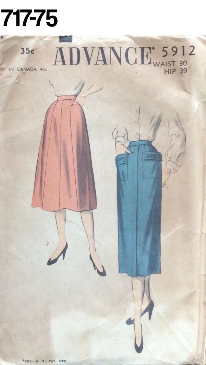 VTG Sewing Pattern Advance #5912 Size Waist 30 Hip 39 Pencil Skirt 1949 New Look