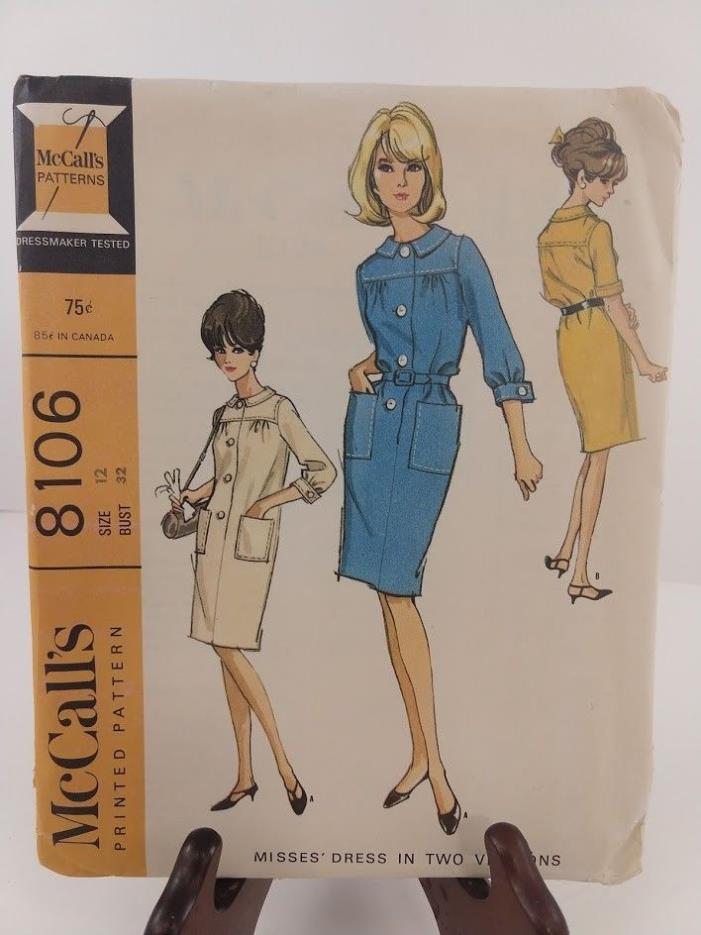 Vintage McCall's Sewing Pattern 8106 Misses Dress in 2 Versions SZ 12 Uncut 1965