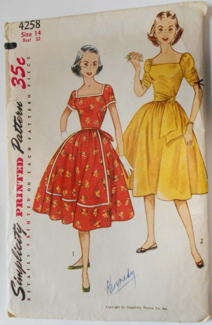 Vintage Simplicity Sewing Pattern #4258 Miss Size 14 Rockabilly Style Dress