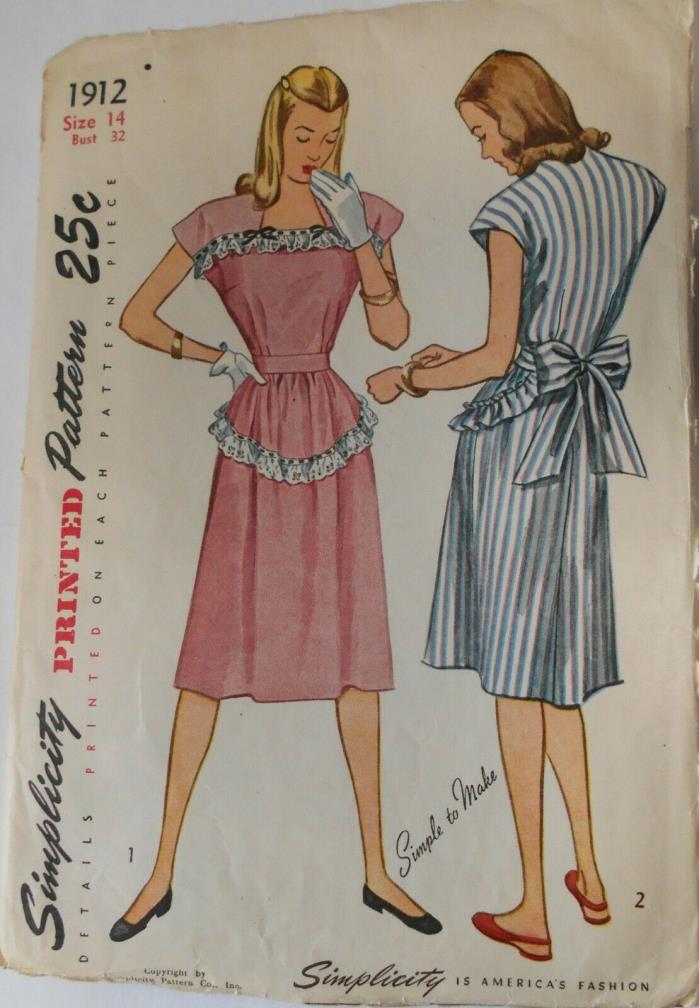 Vintage 1940's Simplicity Sewing Pattern #1912 Miss Size 14 One Piece Dress