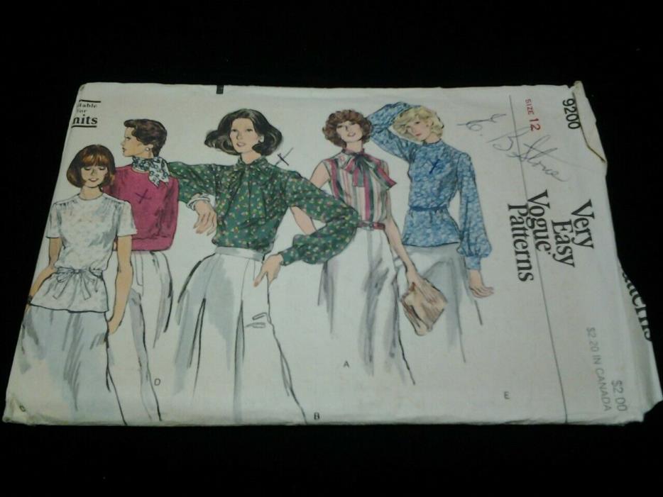 Vintage 70s Loose Fitting Short Long Sleeve Blouses sewing pattern Size 12 Vogue