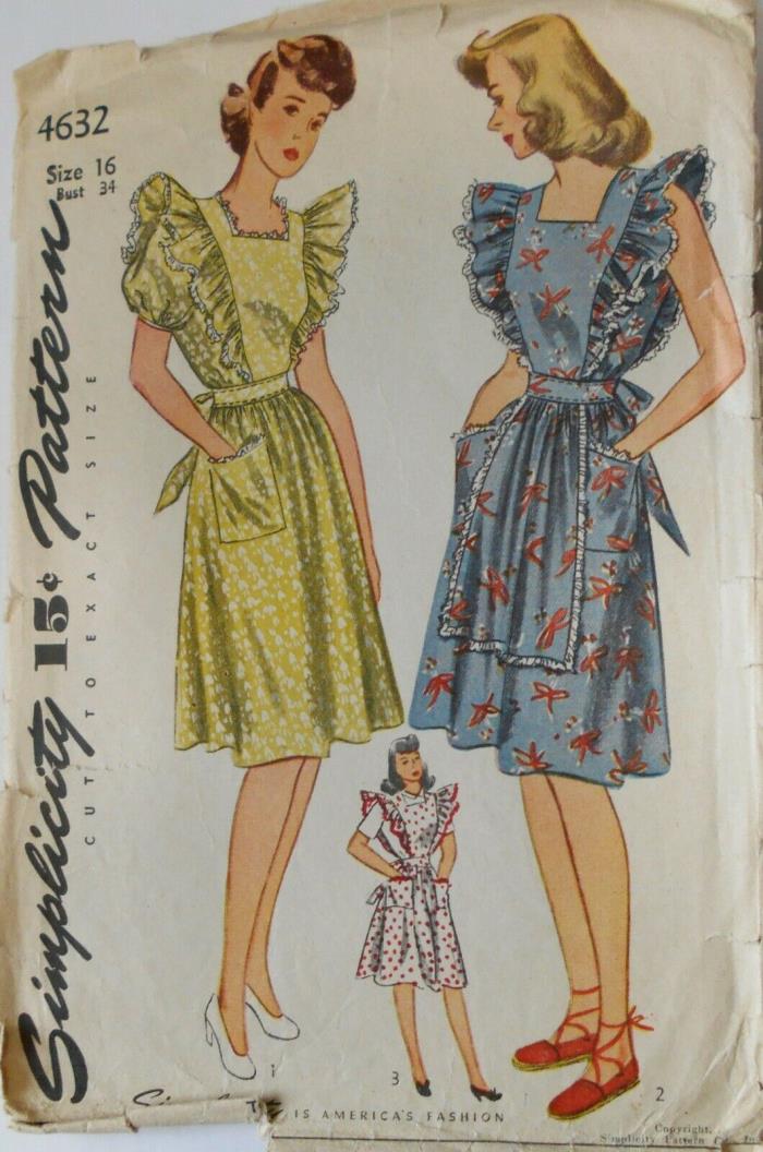 Vintage Simplicity Sewing Pattern #4632 Miss Size 16 Dress Pinafore Dated 1940's